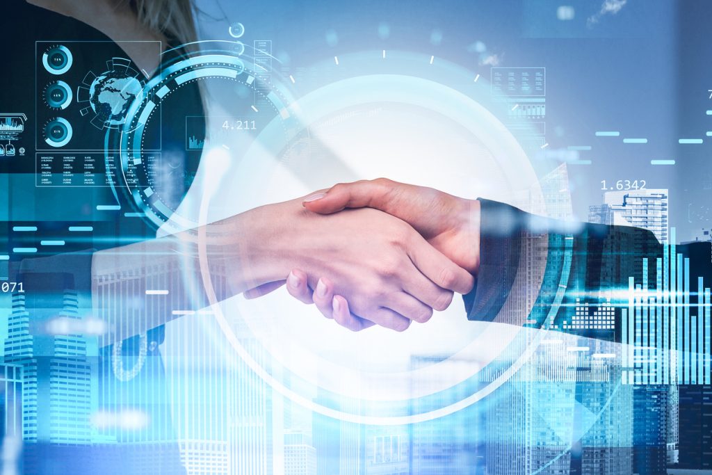 Business people handshake, skyscrapers and digital graphs with hud